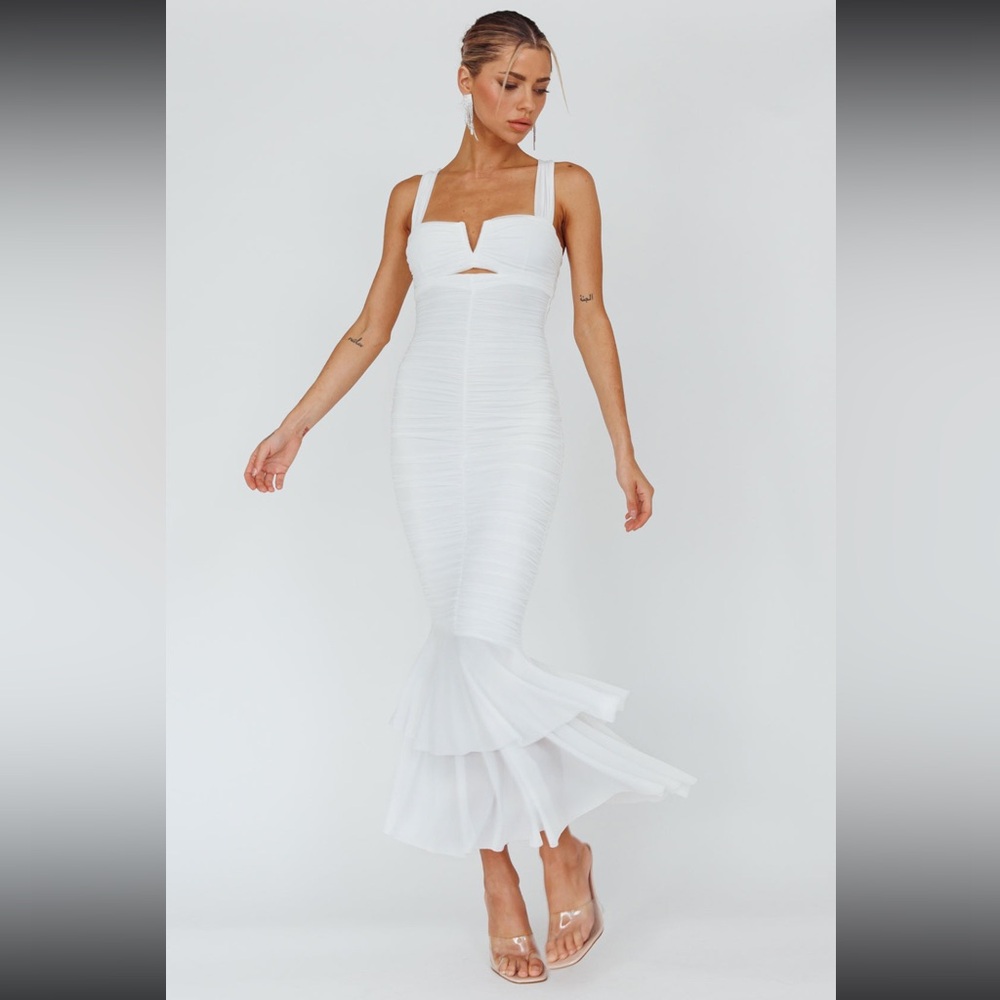 Selfie Leslie White Ruched Fishtail Maxi Dress